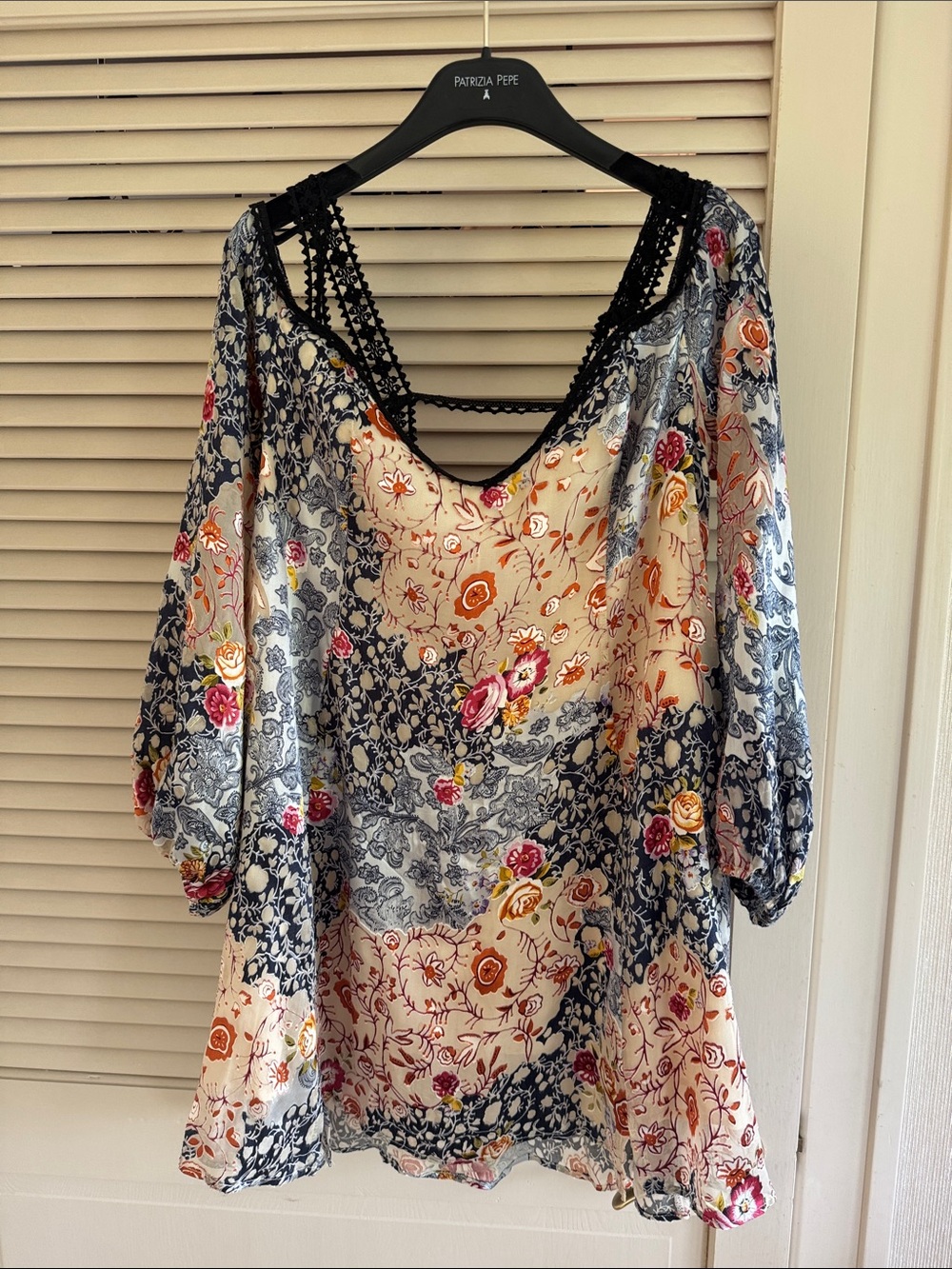 Free People Peach Floral Cold-Shoulder Tunic with Black Trim - Picture 2 of 7